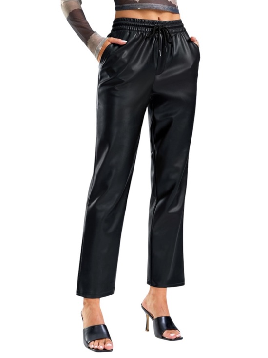 Pants - Faux Leather Cropped Ankle Durable Adjustable Drawstring Straight Leg Pants